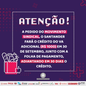 Santander irá pagar adicional do VA no dia 30/9
