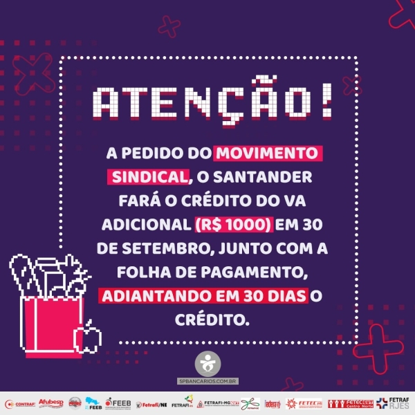 Santander irá pagar adicional do VA no dia 30/9