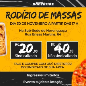 Sindicato promove Rodízio de Massas em Nova Iguaçu no dia 30/11